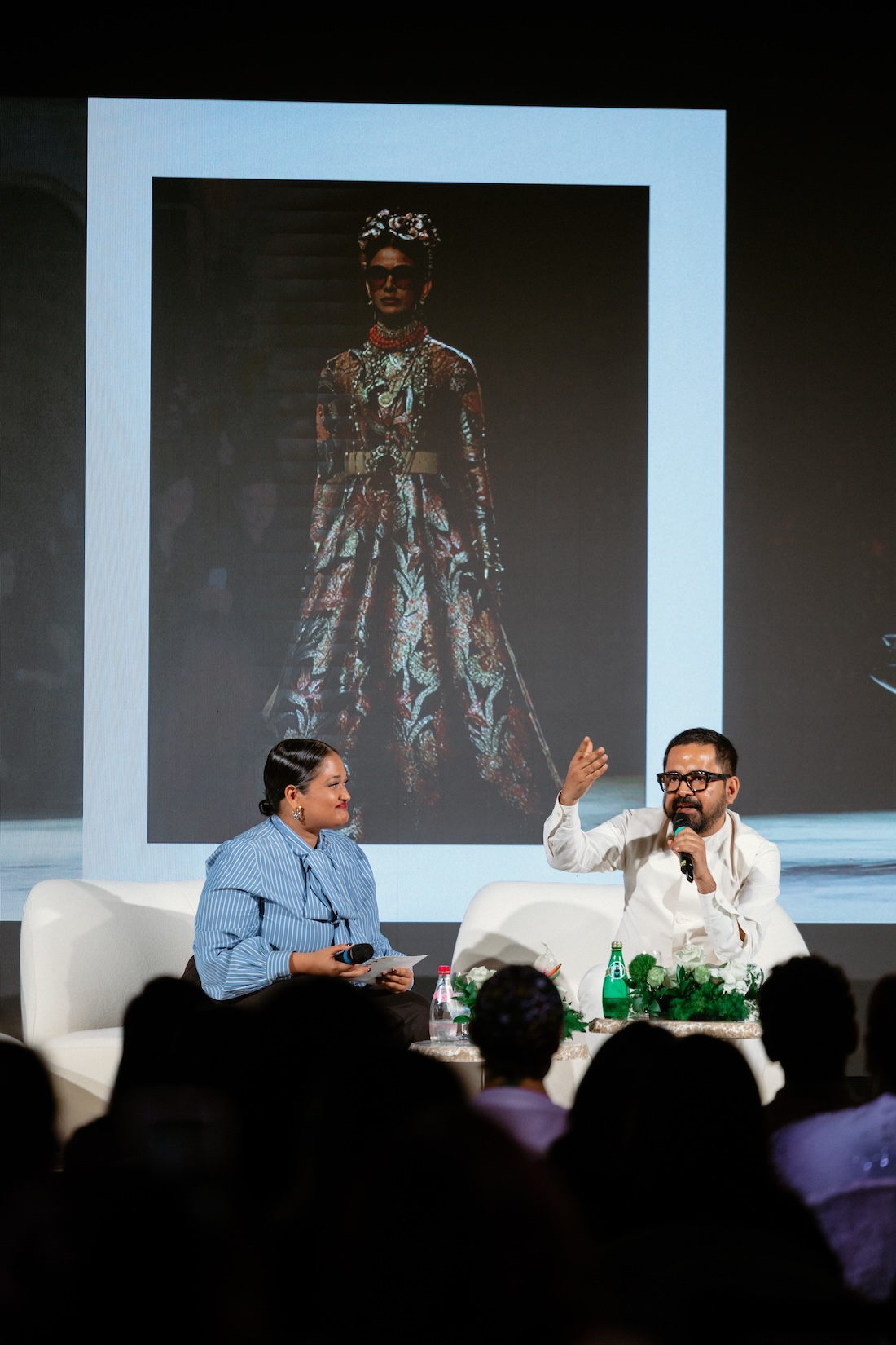 Vogue Singapore Associate Deputy Editor Maya Menon with international fashion designer, Sabyasachi Mukherjee. Photo: Iskandar Ibrahim
